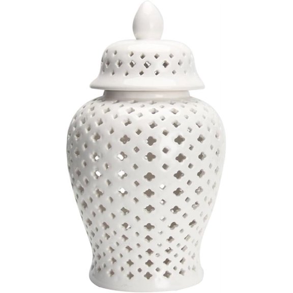ABCISI Ginger Jar Traditional Pierced Ginger Jar with Lid Ceramic Flower Vase Carved Lattice Decorative Temple Jar White Ginger Jars for Home Decor