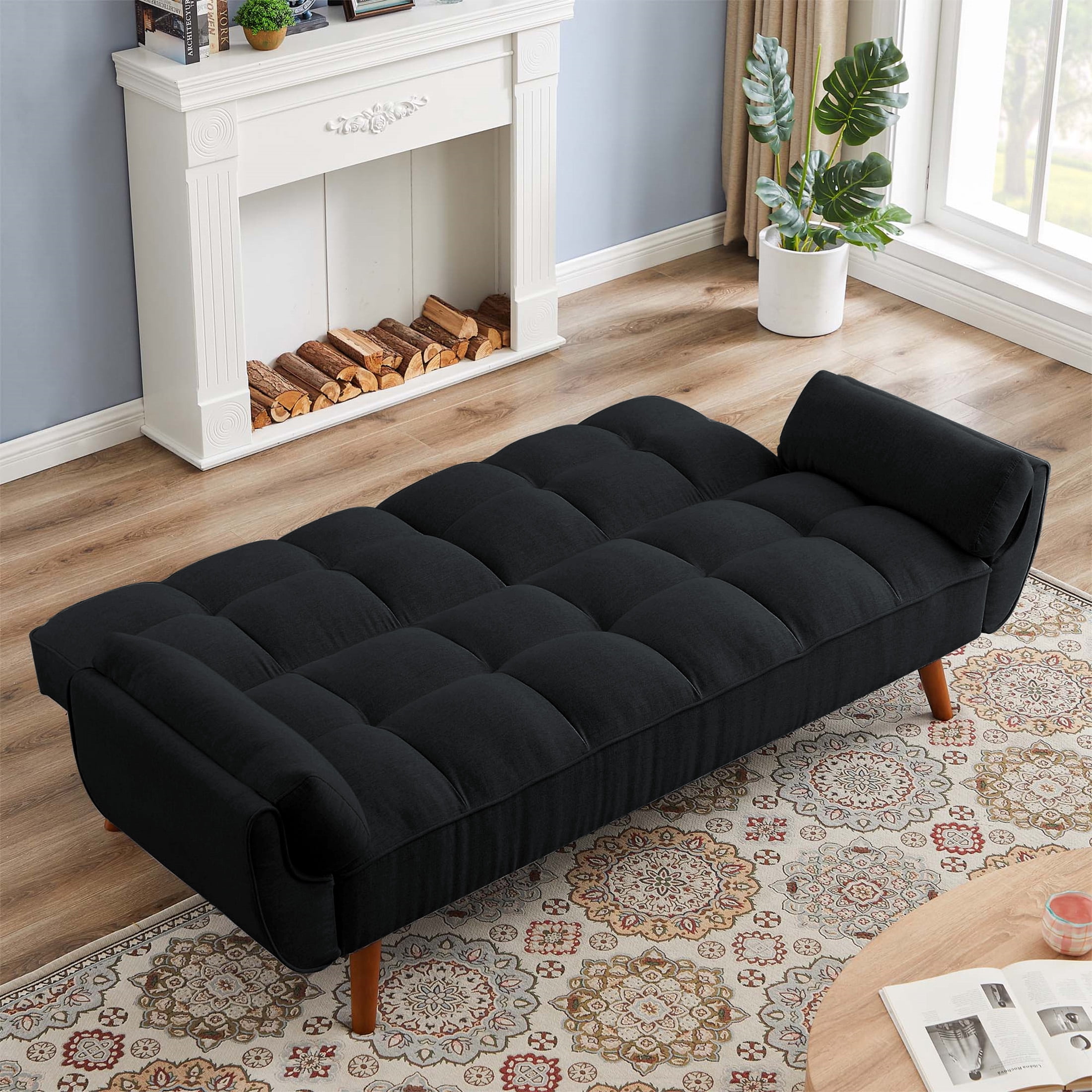 Aukfa 75" Flared Arm Futon Convertible Sofa Bed, Linen Sleeper Couch for Home Office, Black