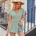 thumbnail image 4 of Jdlsppl Women's V Neck Blouse Short Sleeve Shirt Deep V Neck Soft Tops Button Down Summer Lightweight Elegant Tshirt Green XX-Large, 4 of 4