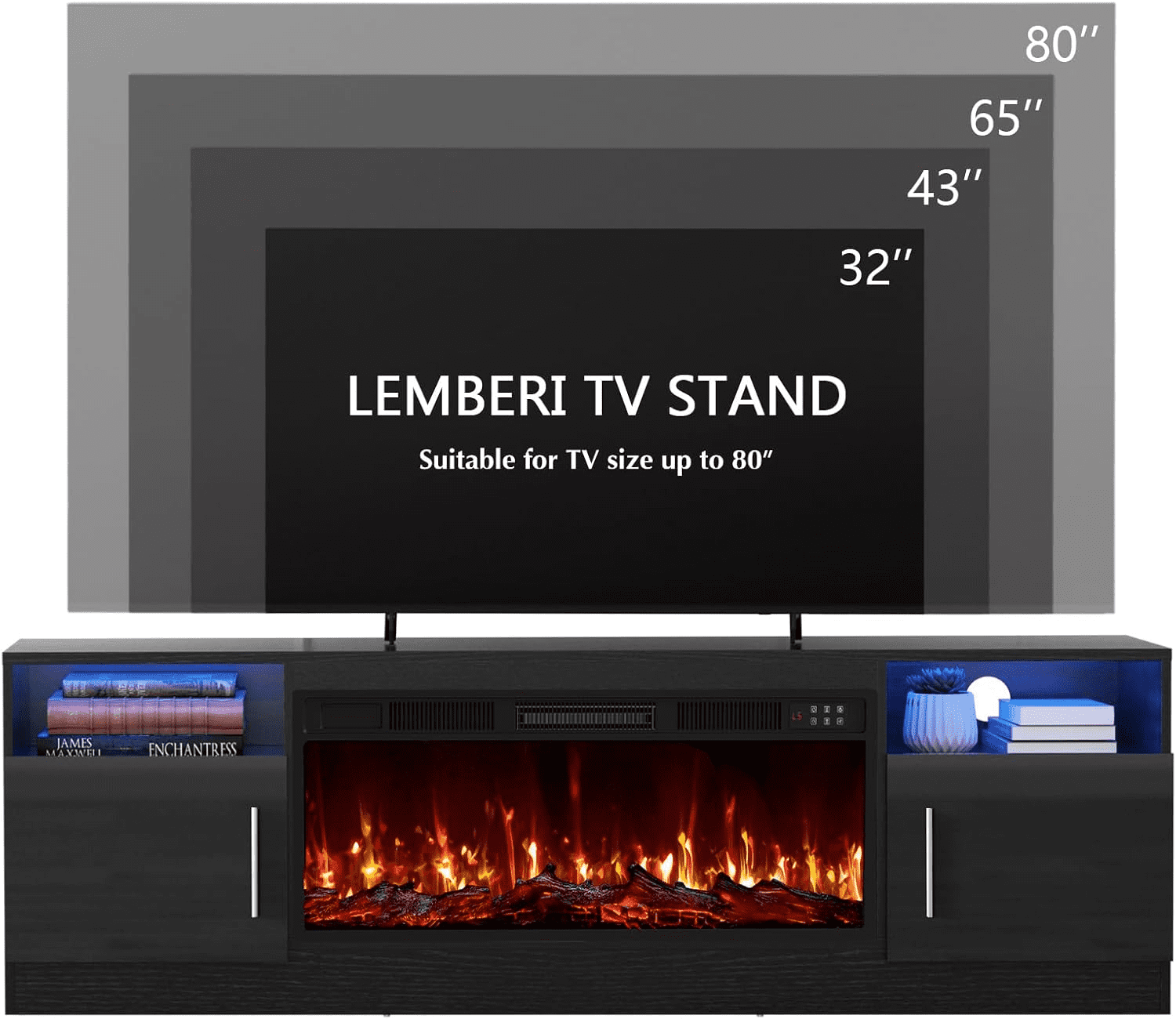 BOSSIN Fireplace TV Stand with 36 inch Fireplace Up to 80" TVs,LED Light Entertainment Center and Storage, 70" Modern Wood Media TV Console with Highlight Cabinet for Living Room