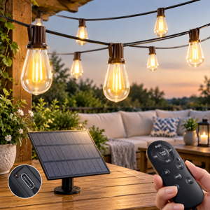 102ft(96+6) Solar String Lights Outdoor With 52 Dimmable Led Bulbs