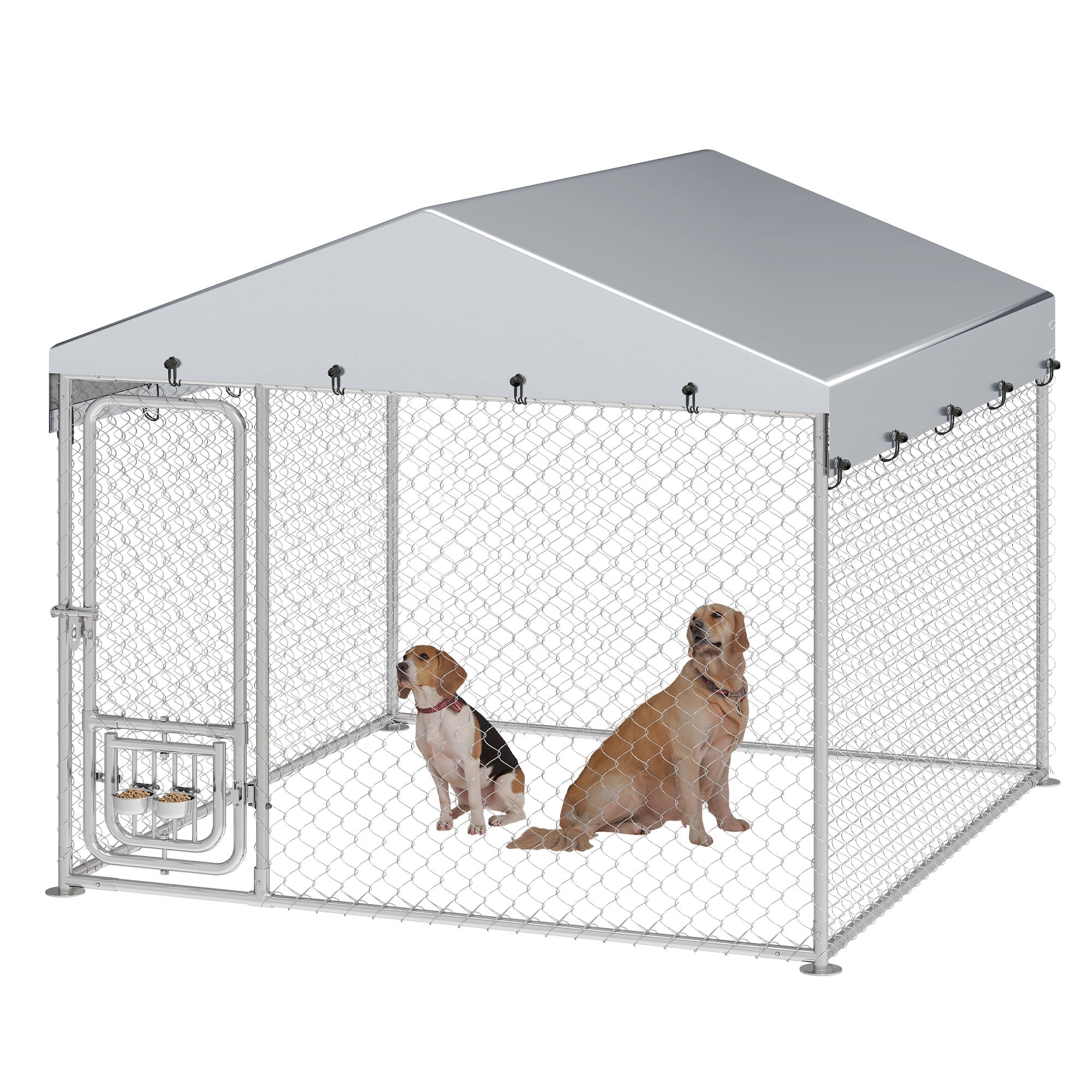 Uforic 7.5'x7.5' Outdoor Dog Kennel with Rotating Feeder & Roof, Heavy Duty for Backyard Farm