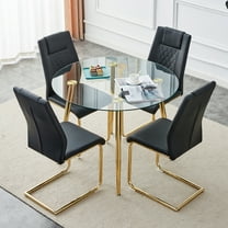 Newest Dining Set with 40 inch Round Glass Table and 4 Black PU Chairs, 5-Piece Modern Kitchen Table Set