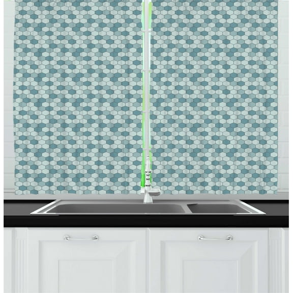 Ambesonne Abstract Kitchen Curtains, Patchwork Haxagon Patterns, 55"x45", Pale Teal Blue Grey