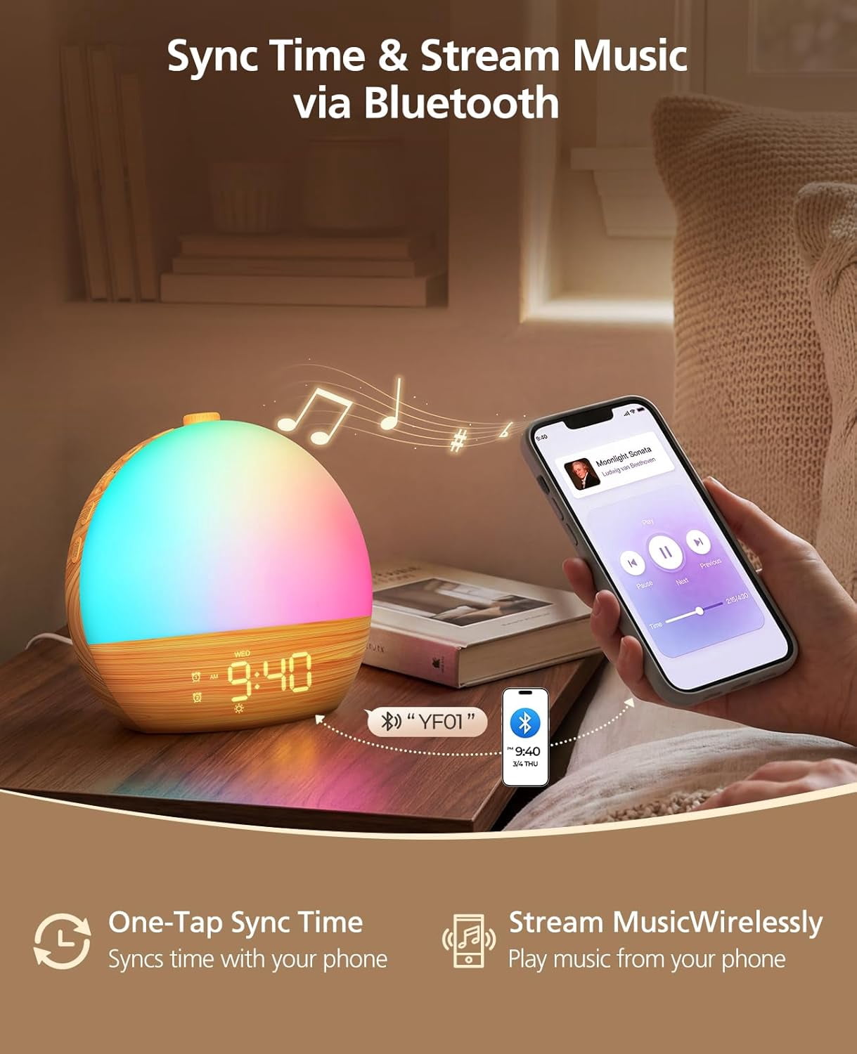 Klamerit Sunrise Alarm Clock with Sound Machine with 30 Soothing Sounds, 17 Night Lights, Bluetooth Speaker Wake Up Light Alarm Clocks for bedrooms, Heavy Sleepers