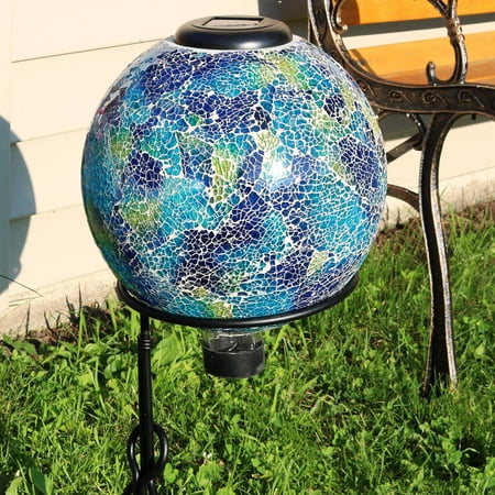 Sunnydaze Garden Gazing Globe with LED Solar Light, Crackled Glass Azul Terra Design, Outdoor and Landscape Decor, 10-Inch