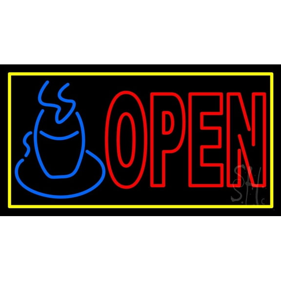 Double Stroke Tea Open LED Neon Sign 13 x 24 - inches, Clear Edge Cut Acrylic Backing, with Dimmer - Bright and Premium built indoor LED Neon Sign for restaurant window and interior decor.