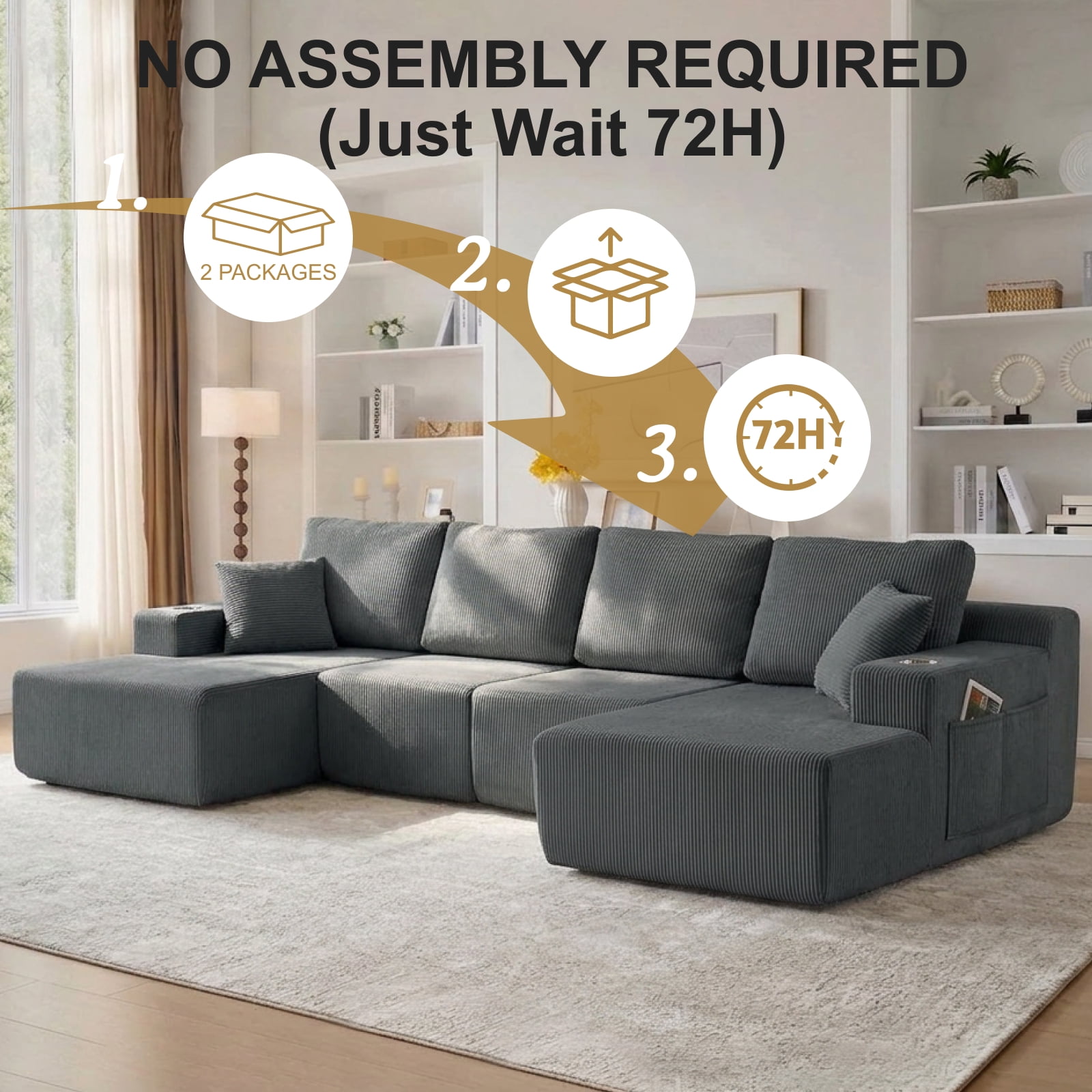 130" U-Shaped Boneless Modular Sectional Sofa with Chaise, 6 Pillows and Cup Holders