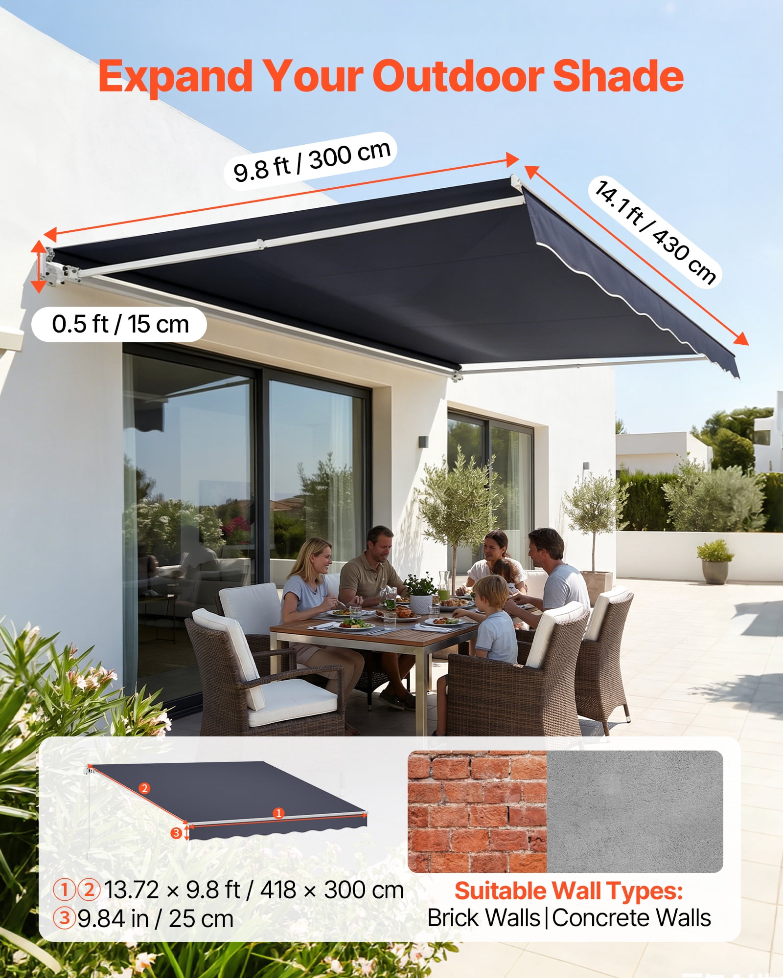 VEVOR Electric Retractable Awning, 14.1' x 9.8' Motorized Patio Awning, Sunshade Shelter with Remote Controller & Manual Crank Handle, Waterproof Polyester Fabric for Outdoor Deck, Balcony, Yard,Gray