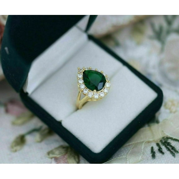 Hitanshu Jewels Gift For Womens Anniversary Ring Pear Cut Green Cubic Zirconia 14K Yellow Gold Finish