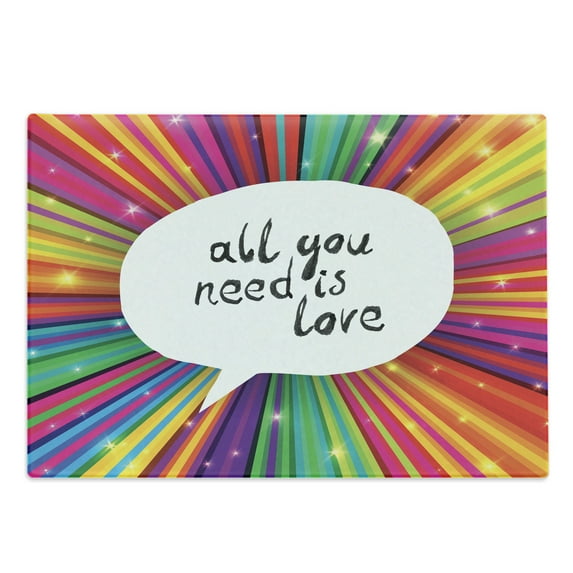 Colorful Cutting Board, Vintage All You Need is Love Inspirational Speech Bubble Hippie Retro Poster Print, Decorative Tempered Glass Cutting and Serving Board, Large Size, White, by Ambesonne