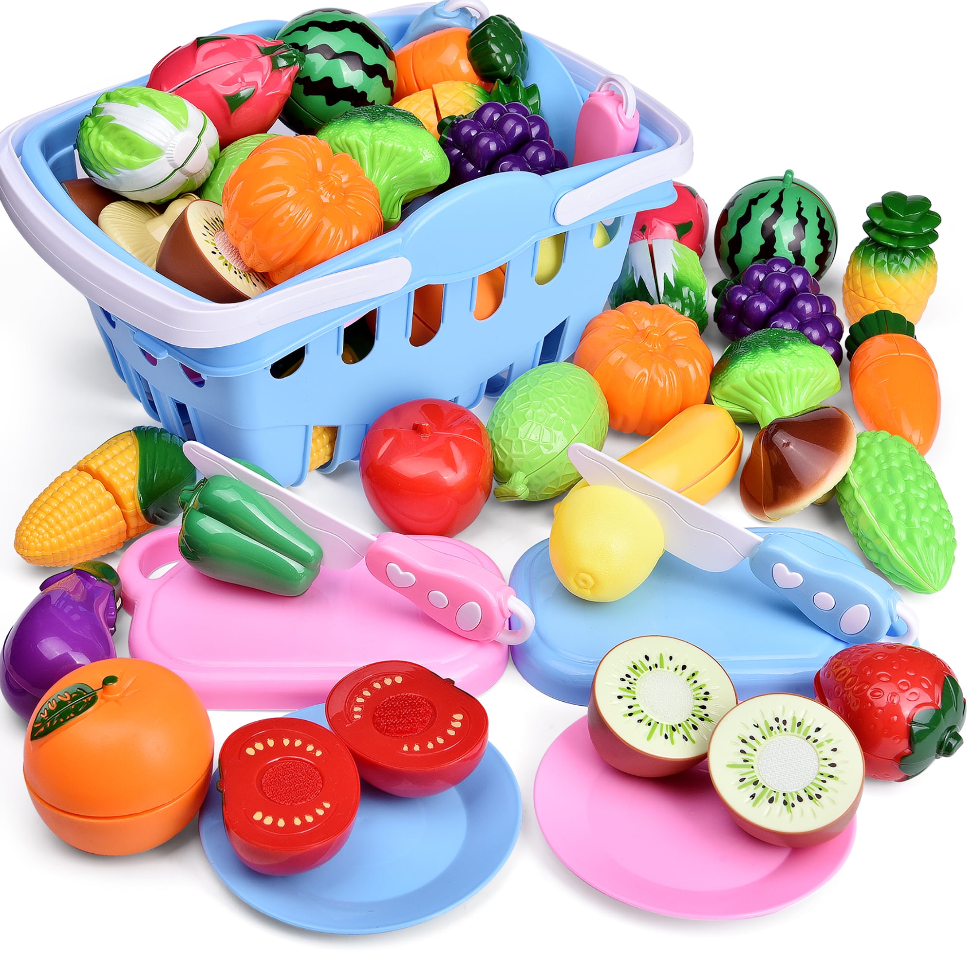 ,Multicolor Set of 17 Click N Play Pretend Play Fruit & Vegetable & Canvastote Bag for Kids Play