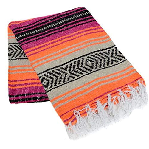 La Montana Classic Mexican Blanket, 74" x 50" Yoga Blankets, Hot Pink/Orange/Tan