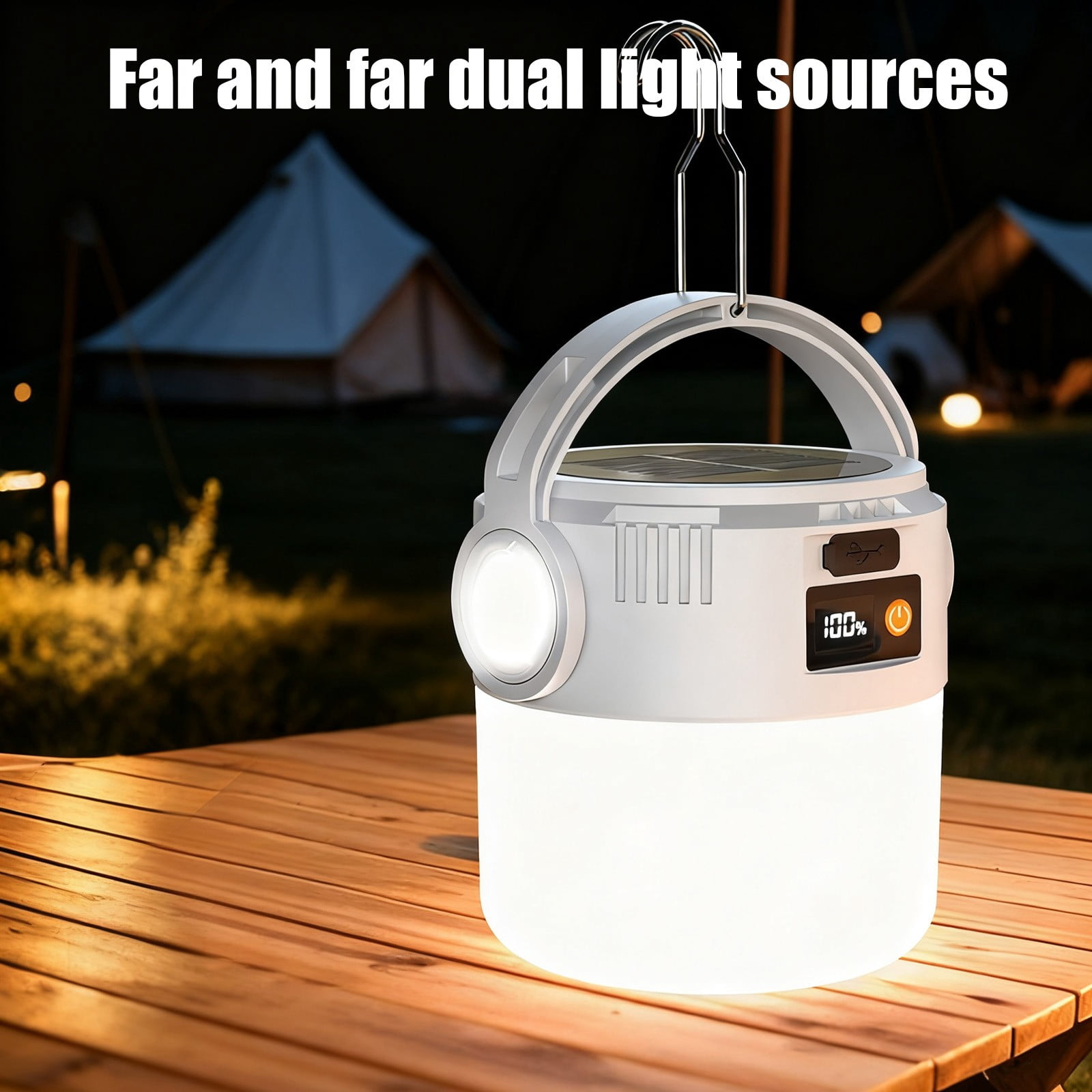 Solar Camping Light Outdoor Rechargeable LED Bulb | Portable Long Lasting Emergency Lamp with Solar Panel, Digital Display, Type-C Fast Charge, White, 5.91x3.27in, Lightweight for Market Stalls