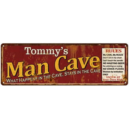 Tommy's Man Cave Rules Red Personalized Metal Sign Gift 6x18 (Personalized Best Man Gifts)