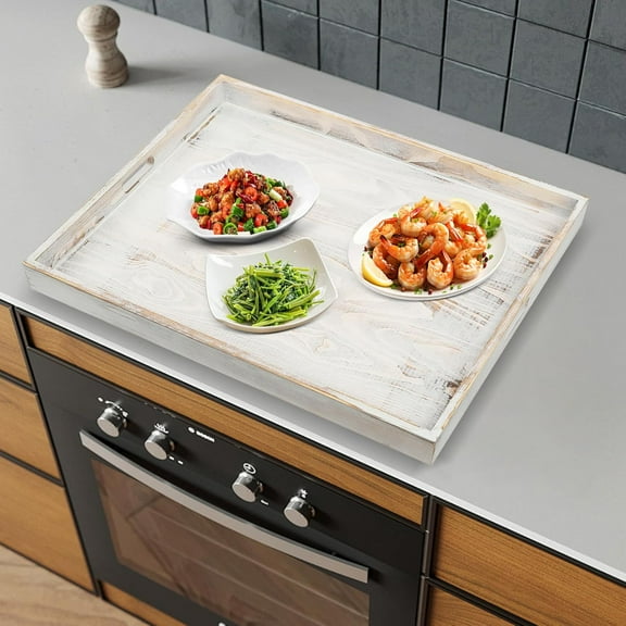 Wood Noodle Board Stove Cover with Handle for Electric & Gas Stove Cover Over the Stove Top Cutting Board, Noodle Board for Gas Stovetop Cover, Kitchens, Hotels, 28.5 * 20.5in Old-white