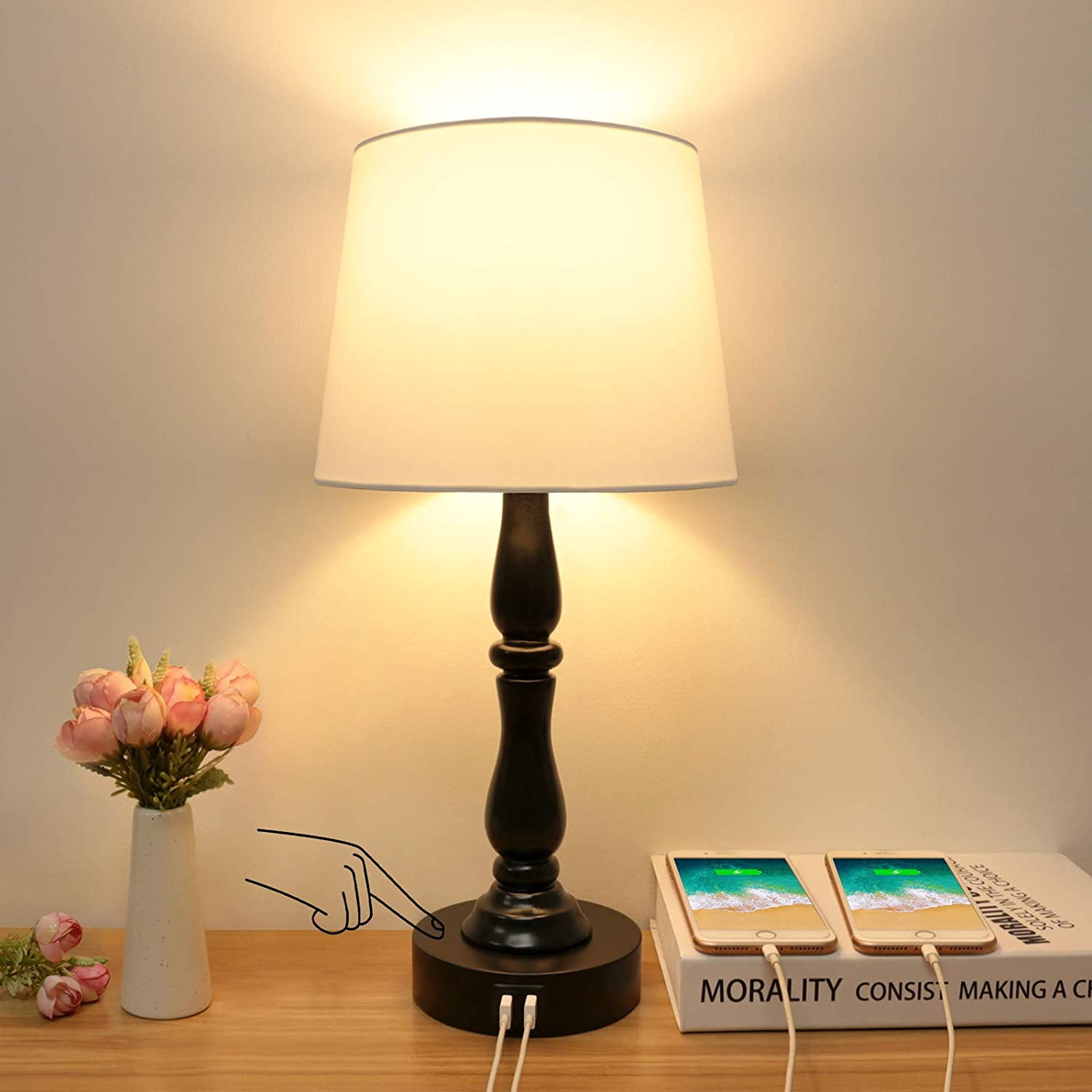 Touch Table Lamp with 2 USB Ports, Boncoo 3 Way Dimmable Bedside Lamp
