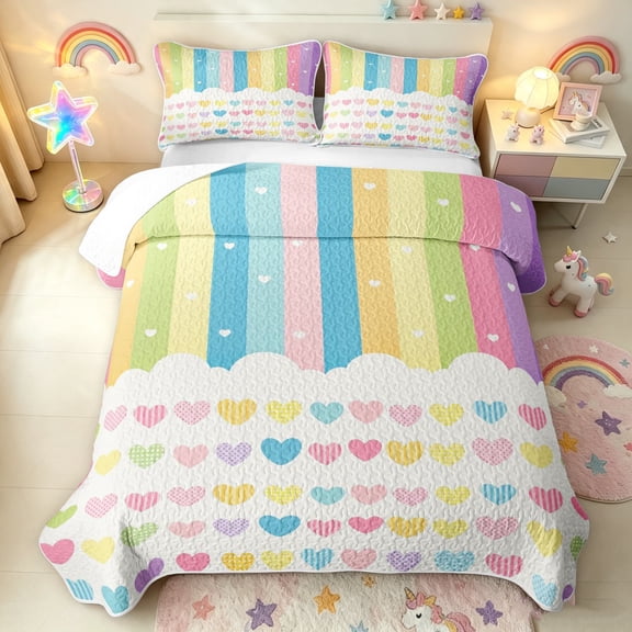 Manfei Cute Rainbow Stripe Twin Quilt Set, Sweet Love Heart Twin Coverlet Set, Cream Yellow, 2pcs, 1 Bedspread and 1 Pillowcase