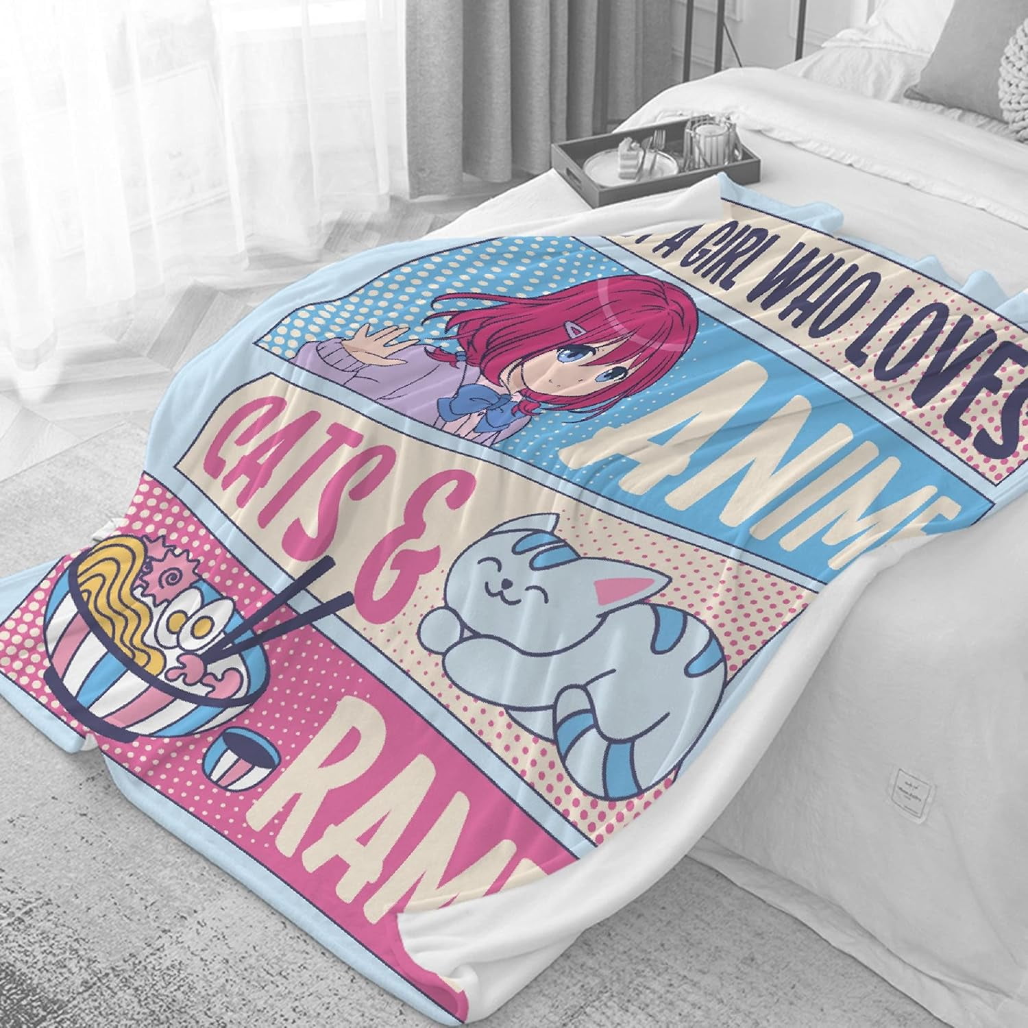 Kawaii Anime Blanket for Girls and Women - Just A Girl Who Loves Cats and Ramen - Flannel Anime Lover Gift, Luxurious Warm and Cozy for Teens/Travel, 50x60 Inch