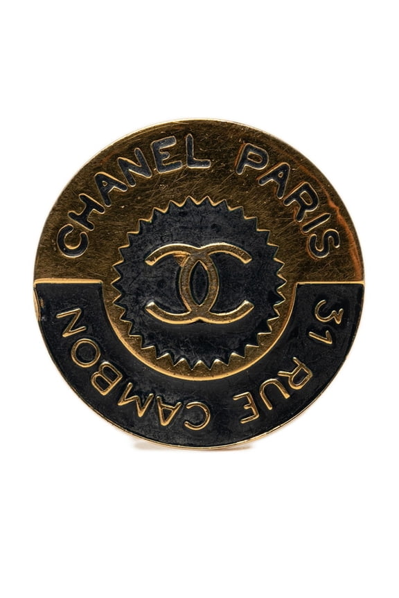 Pre-Owned Chanel Coco Mark 31 RUE CAMBON Le Cambon Round Logo Brooch Gold Black Plated Women's...