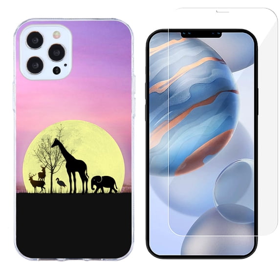 Slim-Fit Protective Phone Case compatible with iPhone 12 Pro Max, with Tempered Glass Screen Protector, by OneToughShield ® - Moonlight Safari