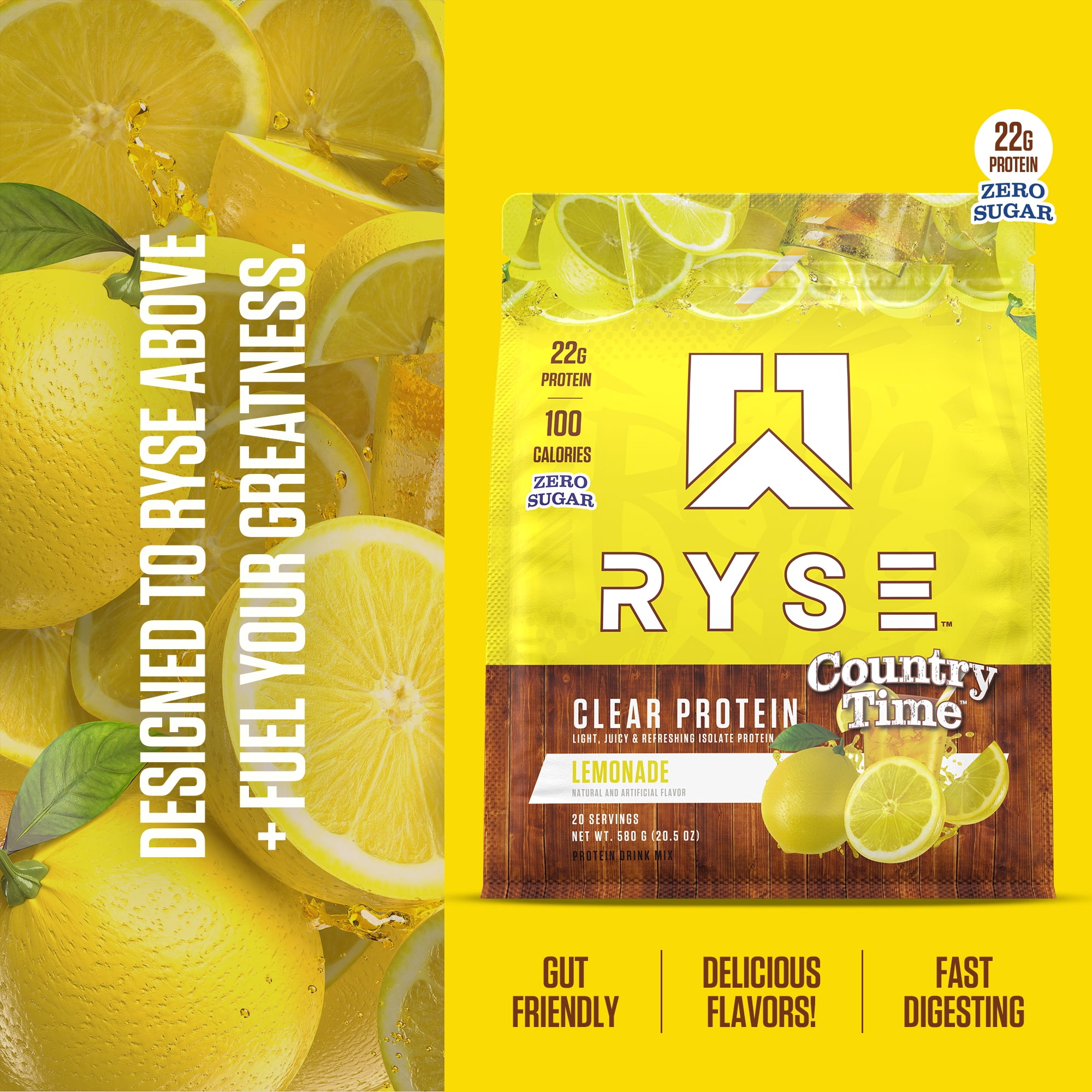 RYSE Clear Whey Isolate Protein Powder - Country Time Lemonade - 20 Servings Bag