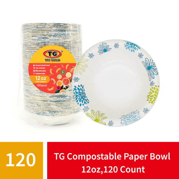 TG TRIGOLD Compostable Disposable Paper Bowls, 12oz,120 Count