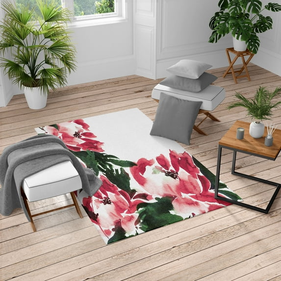 Floral Turkish Area Rug, Flowers in Watercolor Style Effect Illustration of Peonies Spring Inspired Print, Soft Carpet for Living Room Decor with Distressed Look, 6.6' X 9.6', Dark Coral, by Ambesonne