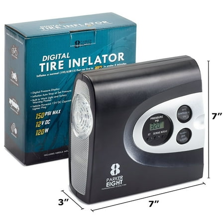 - Auto Digital Tire Inflator from Parker 8 – Electric 12v DC Portable Air Compressor - Pump Automobile Tires up to 150 Psi - Always be Prepared w/ Easy Storage in Car - Bright Easy to Read LED Display