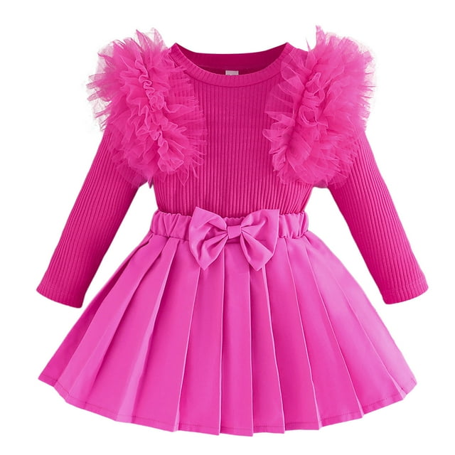 FAOWME Ensemble Deux Pièces pour Fille, Haut à Manches Longues, Jupe avec Nœud, Rouge 3-4 Ans