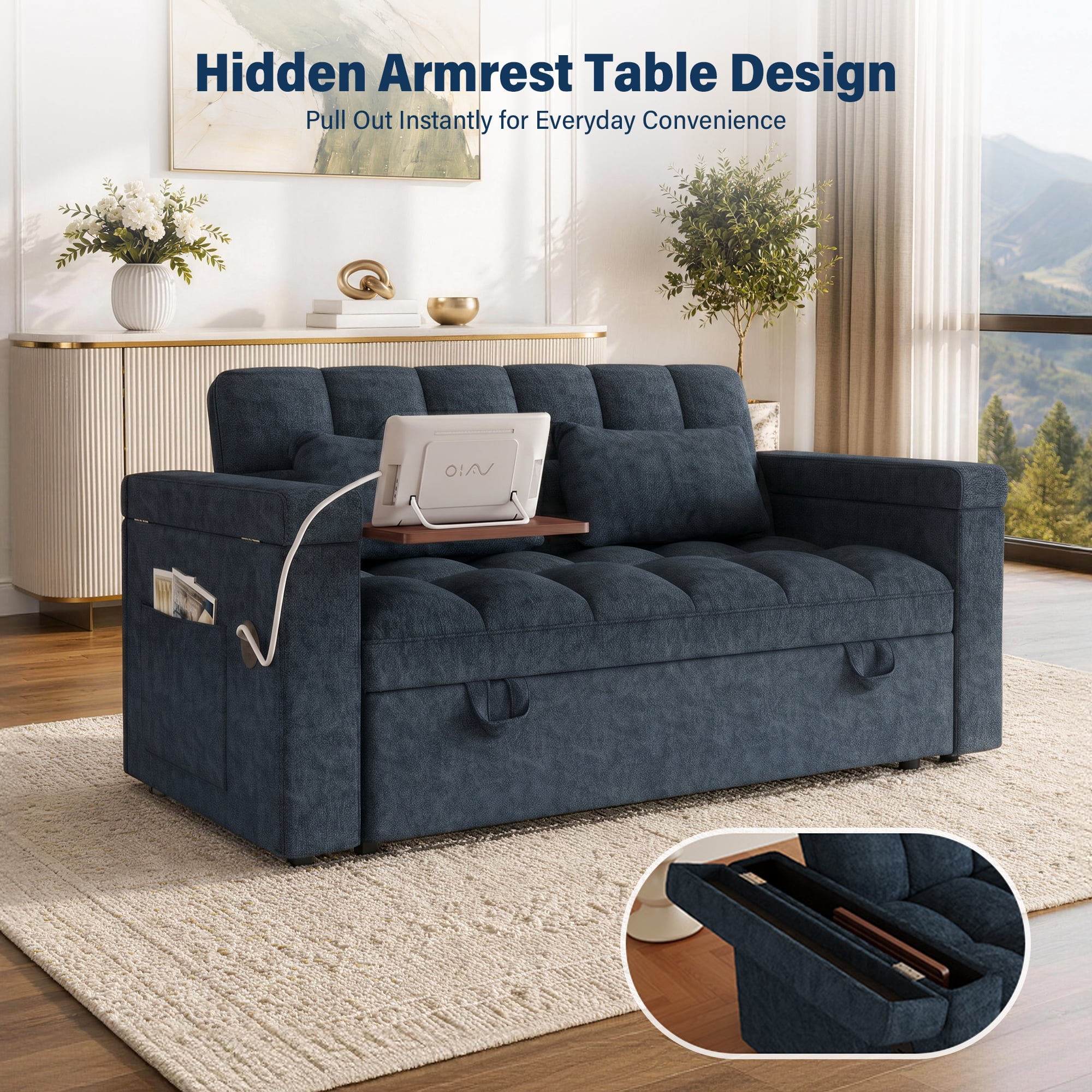 Aukfa 65" 3-in-1 Convertible Sofa Bed with Side Table, Chenille Sleeper Couch with Storage Armrest & 6-Position Adjustable Backrest,Blue