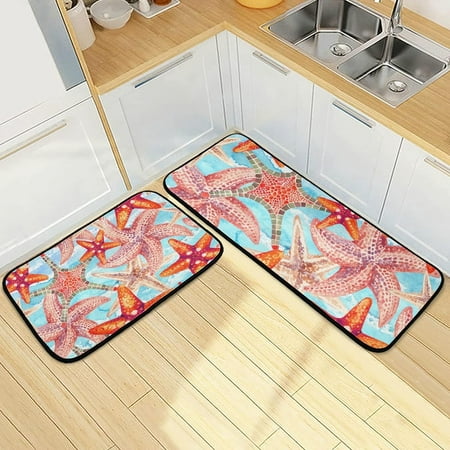 

SKYSONIC Watercolor Starfishes Kitchen Mats and Rugs Sea Waved Background Floor Runner Area Rug Washable Carpet Perfect for Living Room Bedroom Entryway 19.7 x27.6 +19.7 x47.2