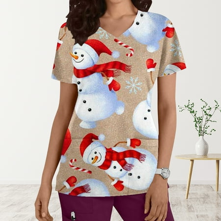 

jsaierl Christmas Scrub Tops for Women Short Sleeve Christmas Pattern Nurse Uniform Working V Neck Shirt Dressy Casual Tees Blouse Top for Women Fashion 2022