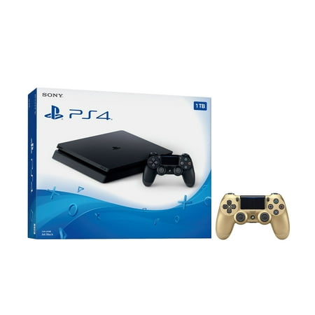 Playstation 4 Slim 1TB Jet Black Gaming Console Bundle With an Extra Gold DualShock 4 Wireless Controller