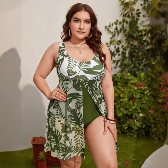 Plus Size Tummy Control Skirted One Piece Swimsuit, V Neck Print Modest Swim Dress for Curvy Women