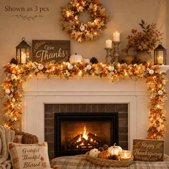 Fall Leaf Garland with Artificial Maple Leaves White Pumpkins Berries, Thanksgiving Home Decor for Indoor Outdoor Table Mantel