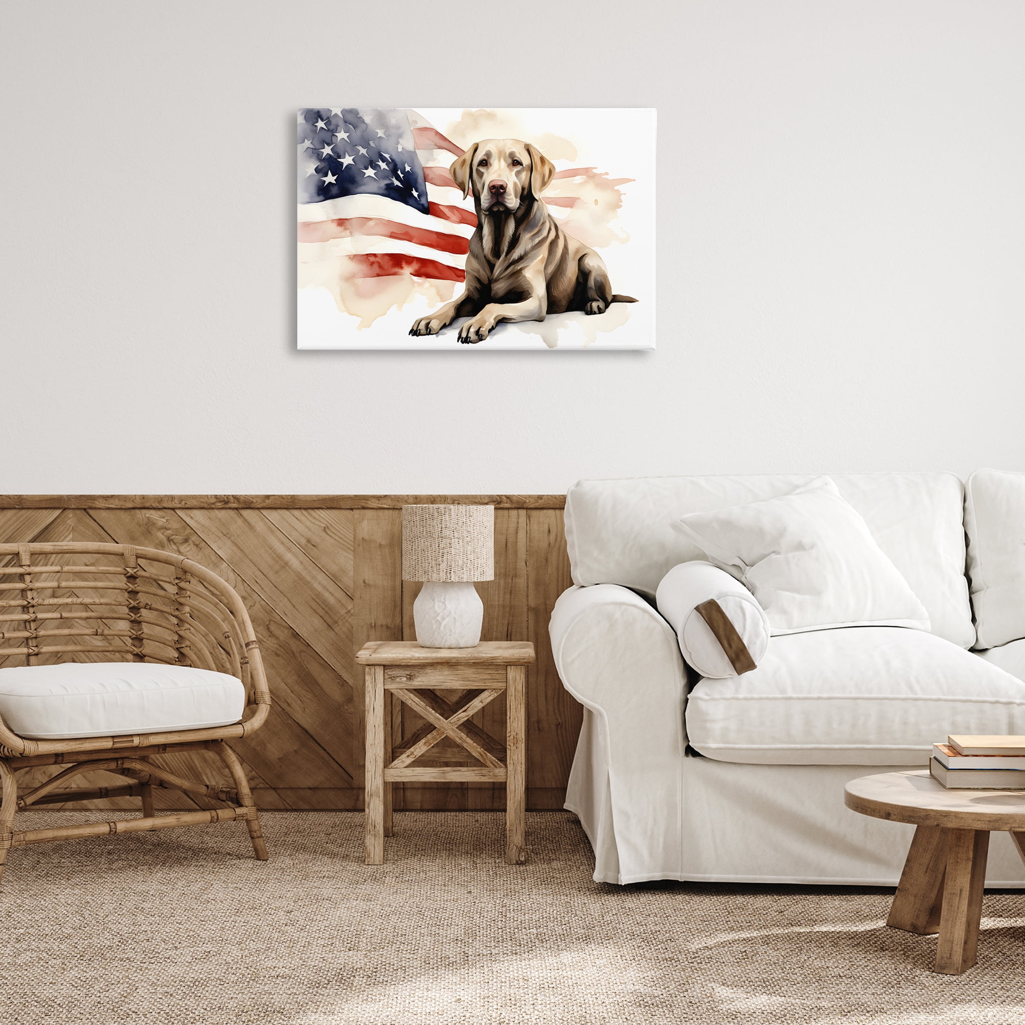 Stupell Industries Patriotic Dog with Flag Animals & Insects Painting Gallery Wrapped Canvas Art Print Wall Art, 30 x 20
