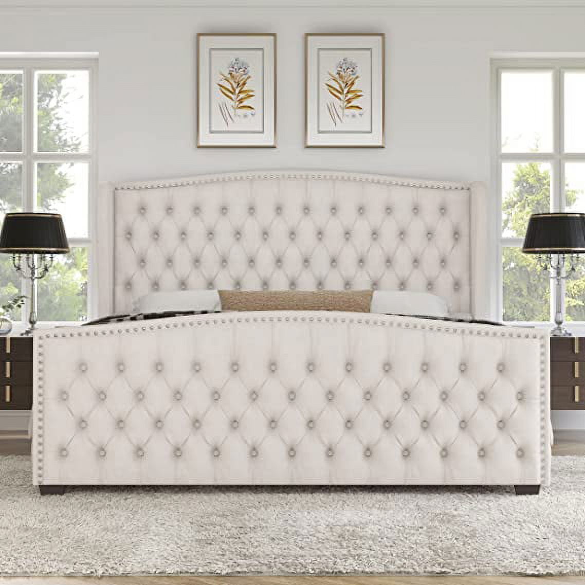 Amerlife King Bed Frame with Velvet Upholstery, Tufted Wingback Headboard and Nailhead Trim, Cream