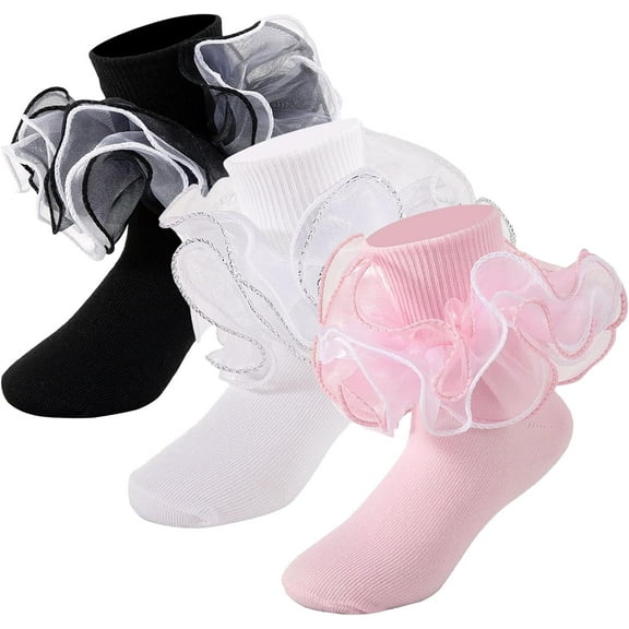 Ruffle Socks 4-Layer Big Fluffy Lace Frilly Dress Socks Turn Cuff Fancy Pageant Sock