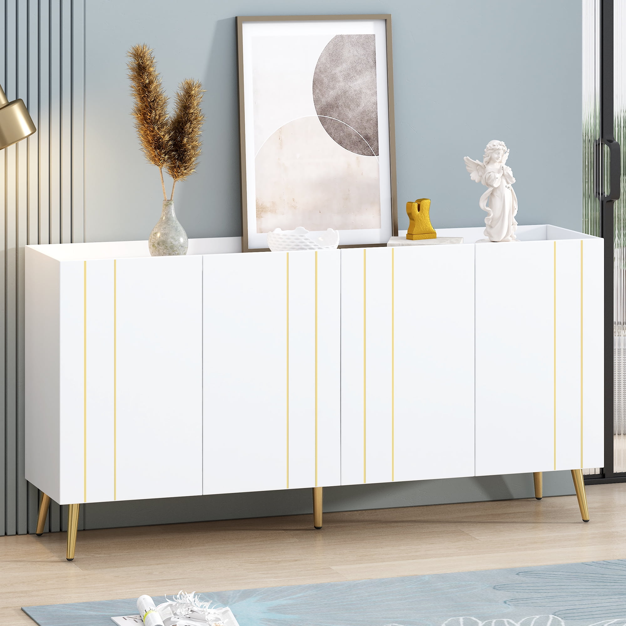 Euroco Modern Storage Cabinet with Gold Accents and Adjustable Shelves, Multi-Purpose Sideboard for Entryway, Kitchen, or Living Room – Handleless Design with Spill-Proof Top
