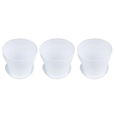 3X Plastic Plant Flower Pot Planter With Saucer Tray Round Gloss Home Garden Decor, White Upper Caliber -, 14cm
