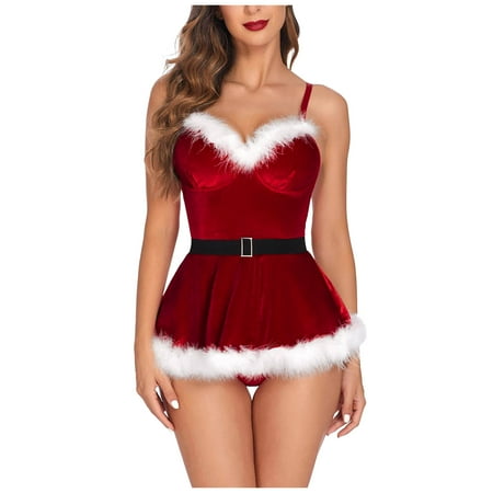 

ZMHEGW Women Lingerie Two Piece Sleepwear Steel Ring Pajamas Garter Christmas Fuzzy Trim O Ring Slim Dress Underwire Set Underwear Women Seamless