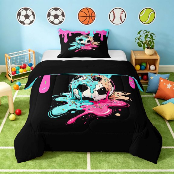Manfei Cartoon Soccer Twin Comforter Sets, Sport Ice Cream Drip Bedding Set, Black Pink Cyan Soccer, Black Reversible 2-Piece 1 Comforter and 1 Pillowcase