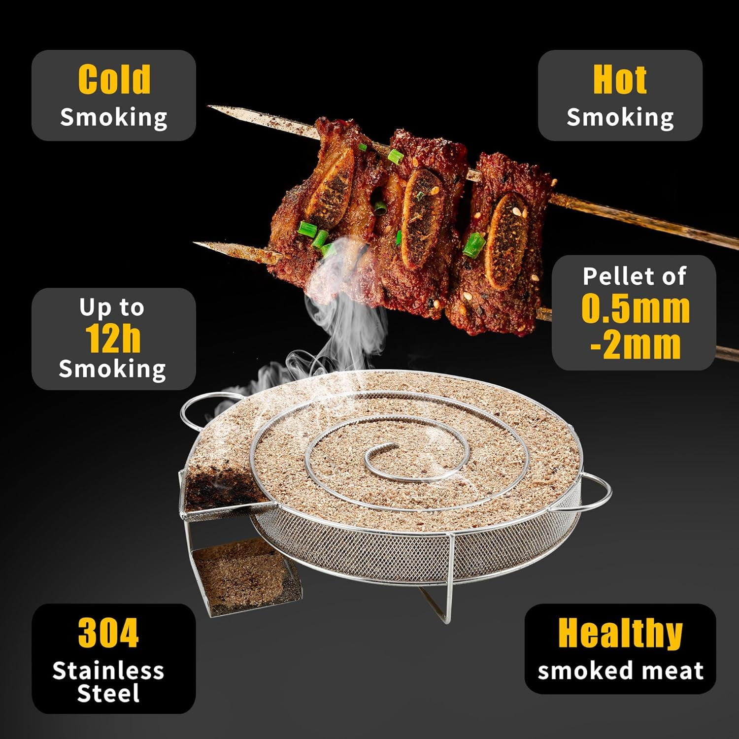 Cold Smoke Generator Made of Stainless Steel, Round Smoker Snail, Savings Burn Smoker Oven with Handle, with 4 Meat Hooks + 2 Cleaning Brushes, Meat Smoker Oven for Kettle Grills, Smokers and Smoking