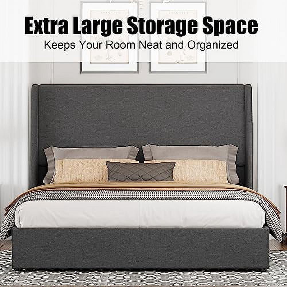Merluxy Queen Bed Frame with Lift Up Storage,Linen Upholstered Platform Bed/ Wingback Headboard/No Box Spring Needed/Dark gray