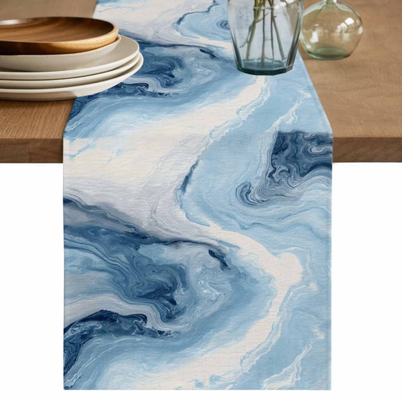 Table Runner 90 Inches Long for Kitchen Dining, Blue Marble Dresser Scarf Farmhouse, Dining Table Decorations for Wedding/Parties, Summer Ocean Wave Blue Ombre 13 x 90 In