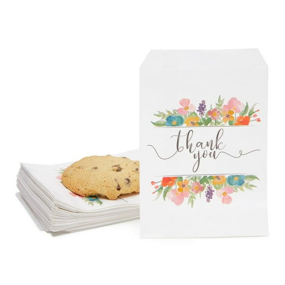 100-Pack Floral Merci Papier Parti Faveur Traiter des Sacs pour les Biscuits, Buffet de Bonbons, 5 X 7,5 Pouces