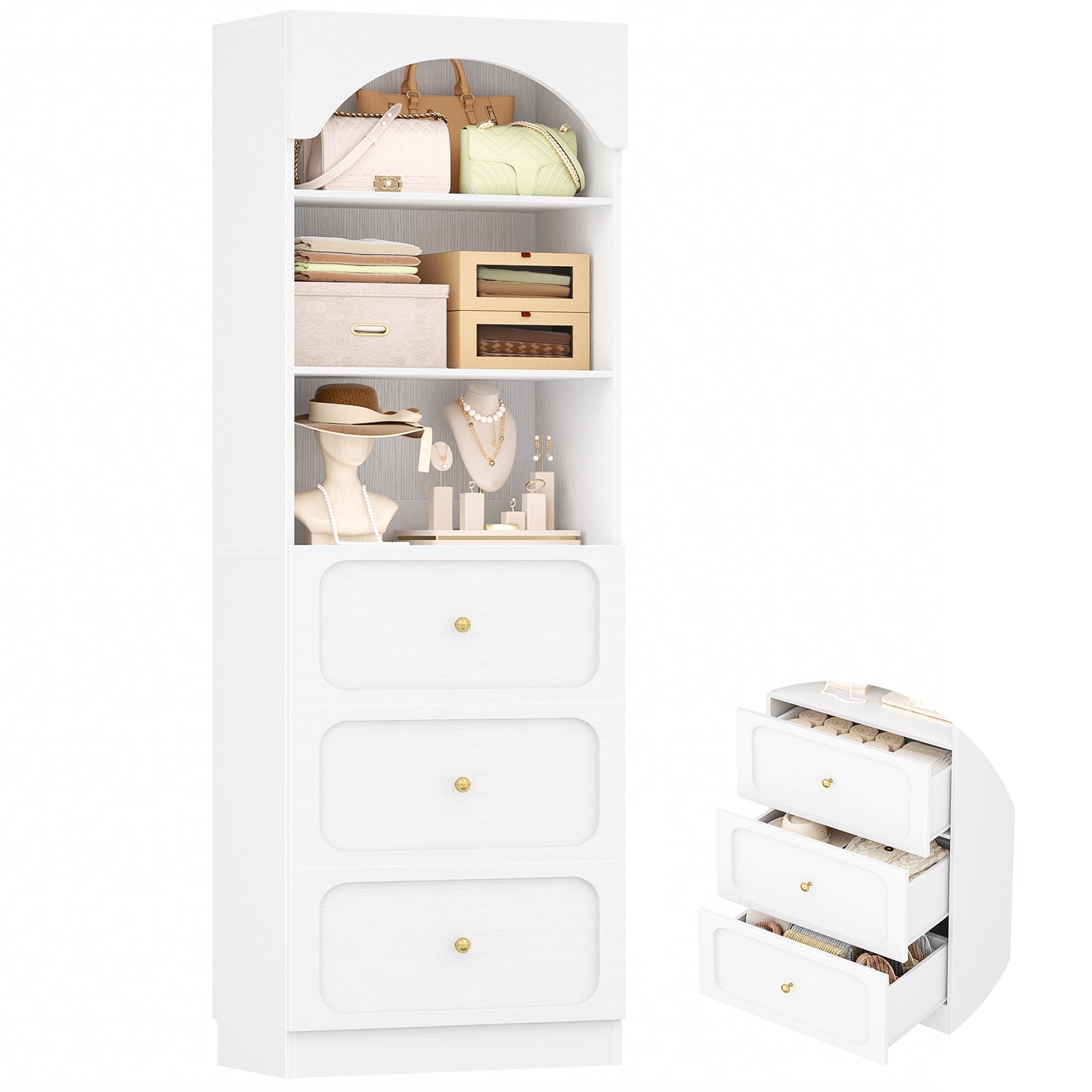 Homieasy 80" Tall Arched Bookcase with 3 Drawers & 3 Open Shelves - Wooden Storage Cabinet for Living Room, Kitchen, Office,White