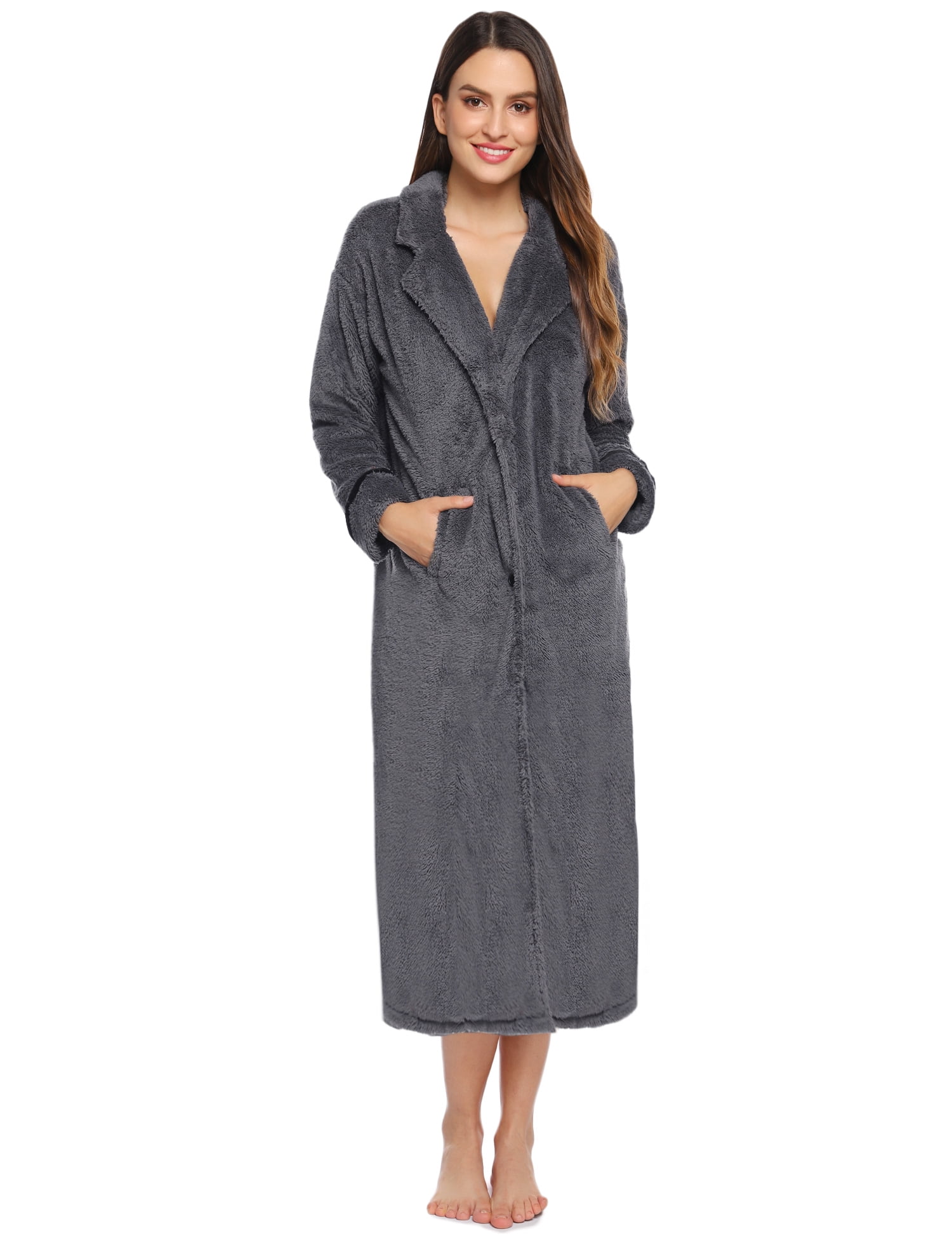 Purcoar Women's Fleece Bathrobe Solid Durable Pockets Easy Care Robe