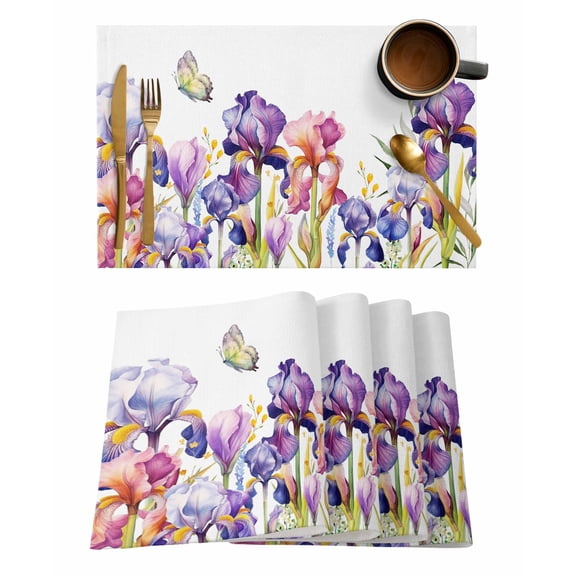 Watercolor Purple Floral, Placemats Set of 4, Flower Leaves Hearb White Placemats for Dining Table, Place Mats for Kitchen Tabletop, Waterproof Wipeable Dining Table Mats Set